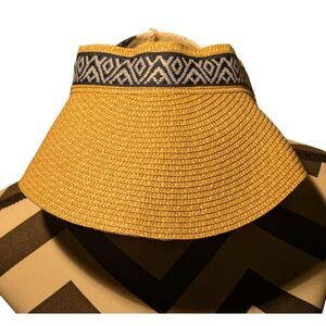 Sea & Grass Straw Visor Tie Back Sun Hat Navy White Tribal Geometric One Size